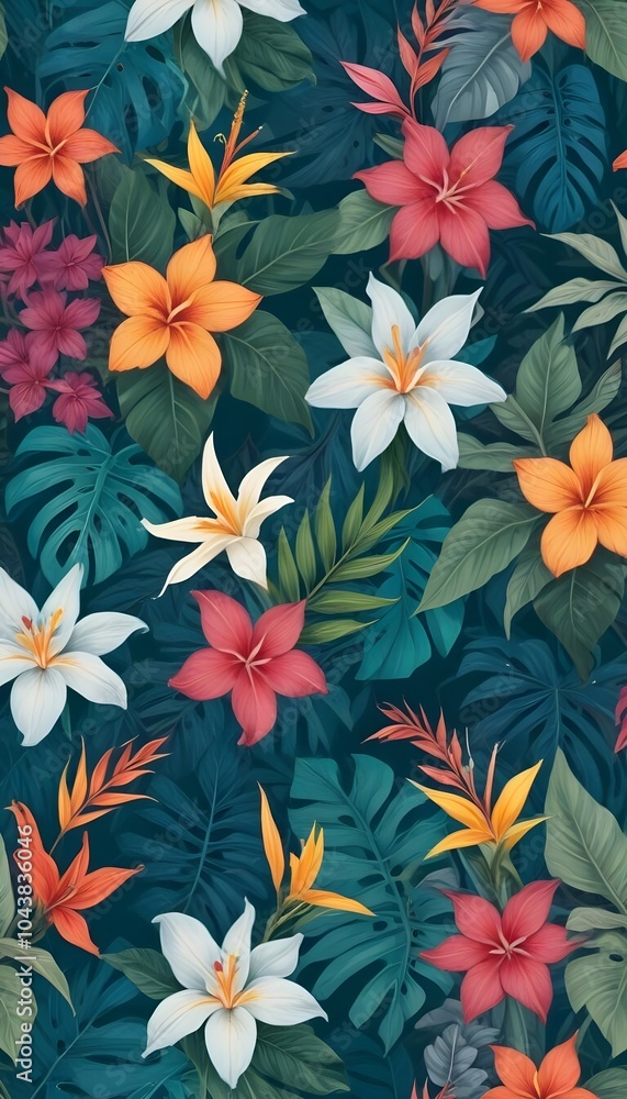 Tropical exotic pattern with animal and flowers in bright colors and lush vegetation Tropical exotic pattern with animal and flowers in bright colors and lush vegetation