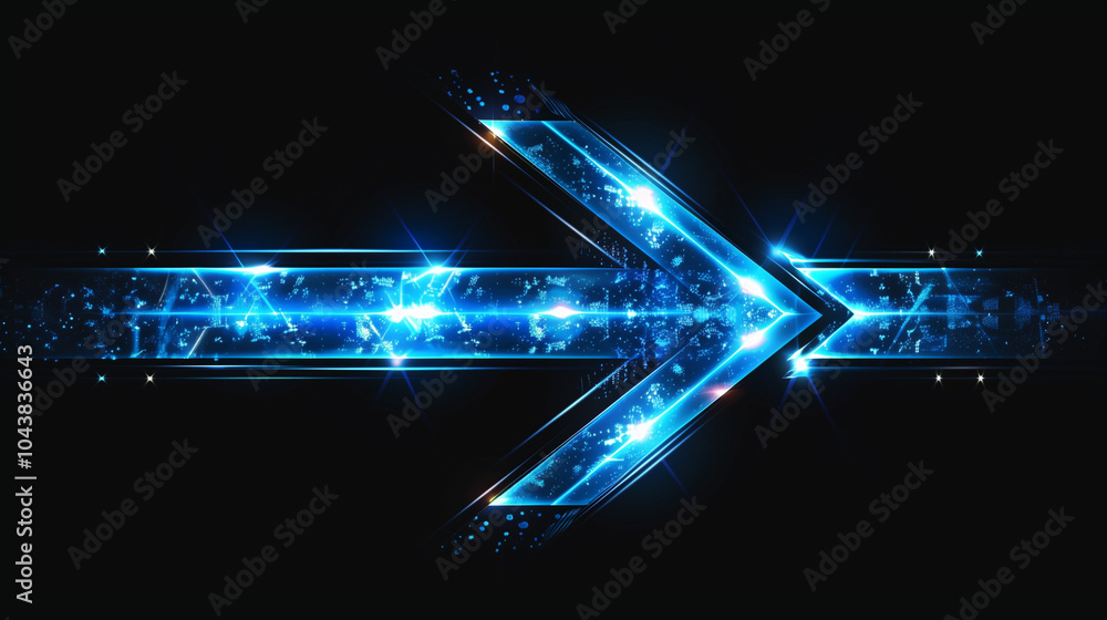 Fototapeta premium Glowing blue arrow sign on dark background - horizontal poster. Futuristic technology dynamic shining arrow symbol concept banner. Digital painting. AI artwork. 