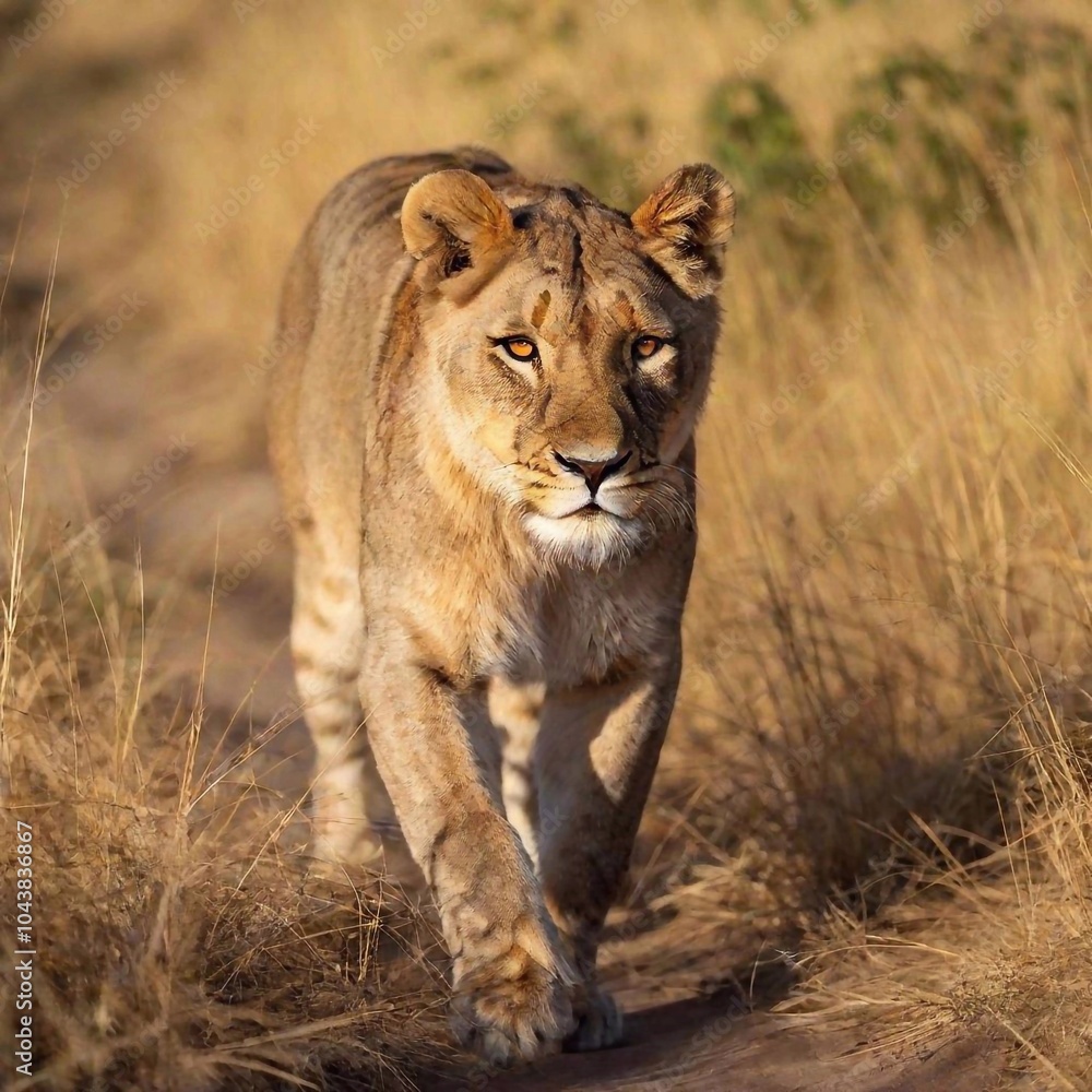 Fototapeta premium A full shot photo of a lioness walking confidently through tall golden grass, deep focus on the movement of its muscles and fur, low-angle shot that makes the lion appear larger and more imposing