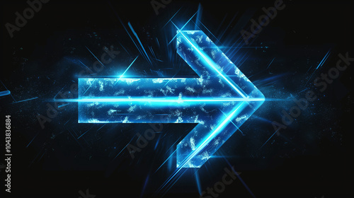 Glowing blue arrow sign on dark background - horizontal poster. Futuristic technology dynamic shining arrow symbol concept banner. Digital painting. AI artwork.   photo