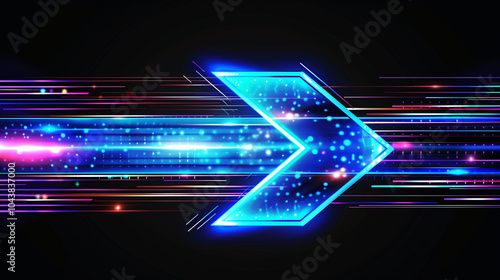 Glowing blue arrow sign on dark background - horizontal poster. Futuristic technology dynamic shining arrow symbol concept banner. Digital painting. AI artwork.   photo