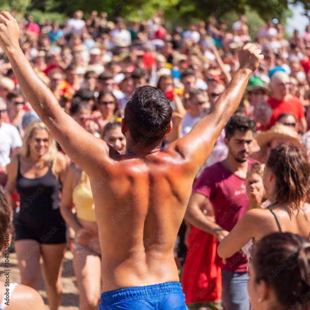 Fototapeta premium multiracial people with excitement throwing tomatoes. La Tomatina festival with tomatoes flying, captured in a photo style with the background softly out of focus