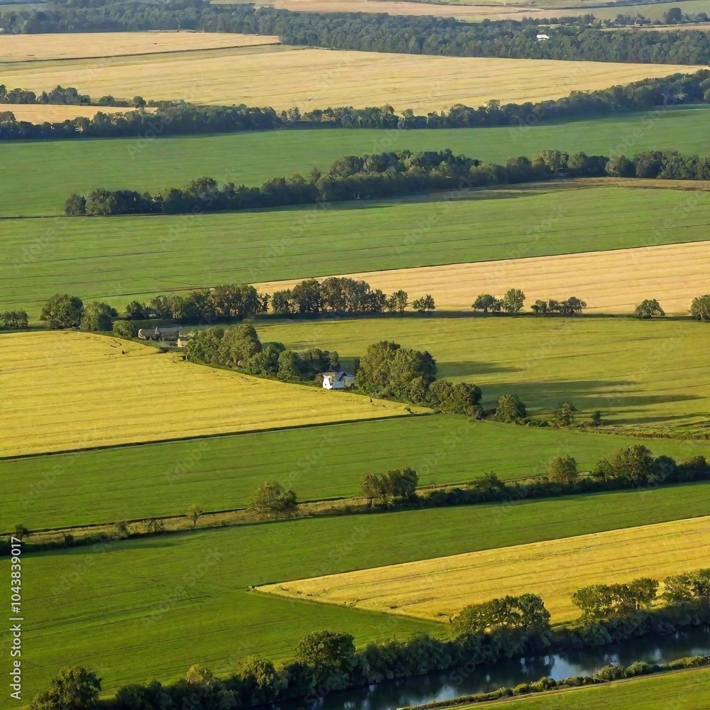 Obraz premium a tranquil landscape of a rolling countryside with patchwork fields in various shades of green and gold. Include a quaint farmhouse and a meandering river, with a clear sky dotted with fluffy clouds