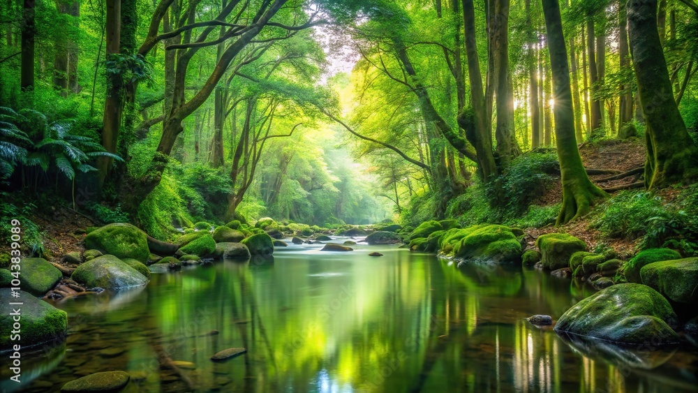 Fototapeta premium Pristine forest stream with lush greenery symmetrical