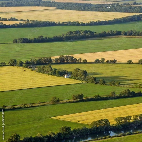 a tranquil landscape of a rolling countryside with patchwork fields in various shades of green and gold. Include a quaint farmhouse and a meandering river, with a clear sky dotted with fluffy clouds photo