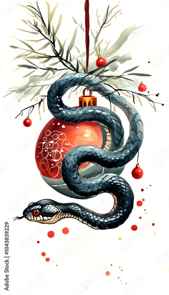 Obraz premium A creative rendition of a snake entwined around a festive ornament in wintertime