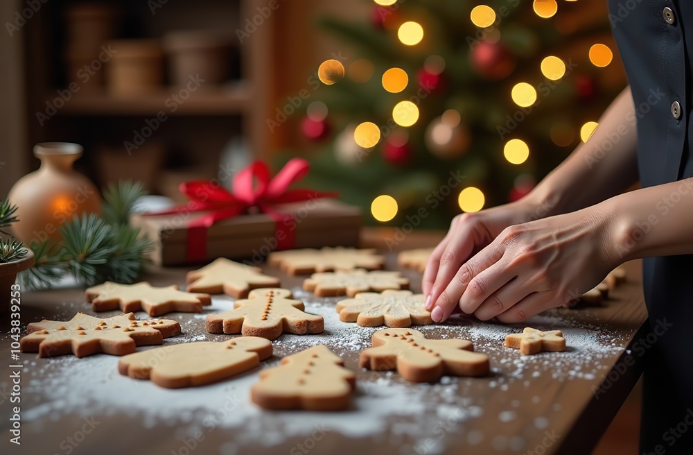 Close-up of woman's hands making cookies from New Year's molds. Against the background of a rustic kitchen. Flickering garlands against the background of the Christmas tree. Cookies in the shape of Ch Close-up of woman's hands making cookies from New Year's molds. Against the background of a rustic kitchen. Flickering garlands against the background of the Christmas tree. Cookies in the shape of Ch