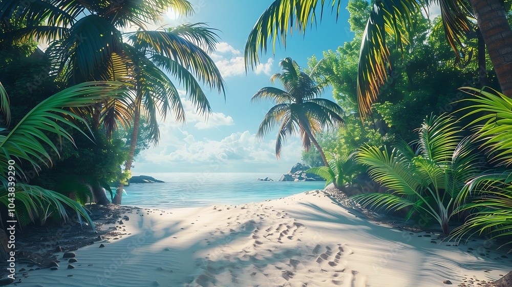Fototapeta premium Sandy path on a tropical beach with palm trees