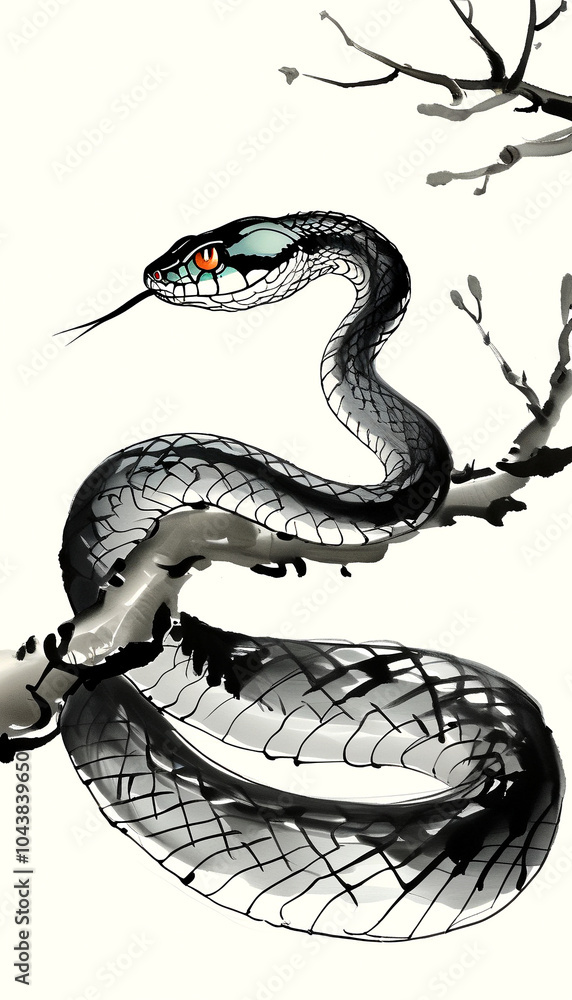 Fototapeta premium A mystical snake gracefully coils among branches in an artistic black and white design