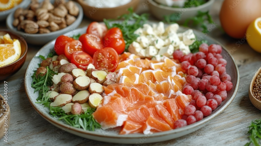 A plate of salmon, tomatoes, cheese, and other ingredients, arranged in a colorful pattern. A plate of salmon, tomatoes, cheese, and other ingredients, arranged in a colorful pattern.