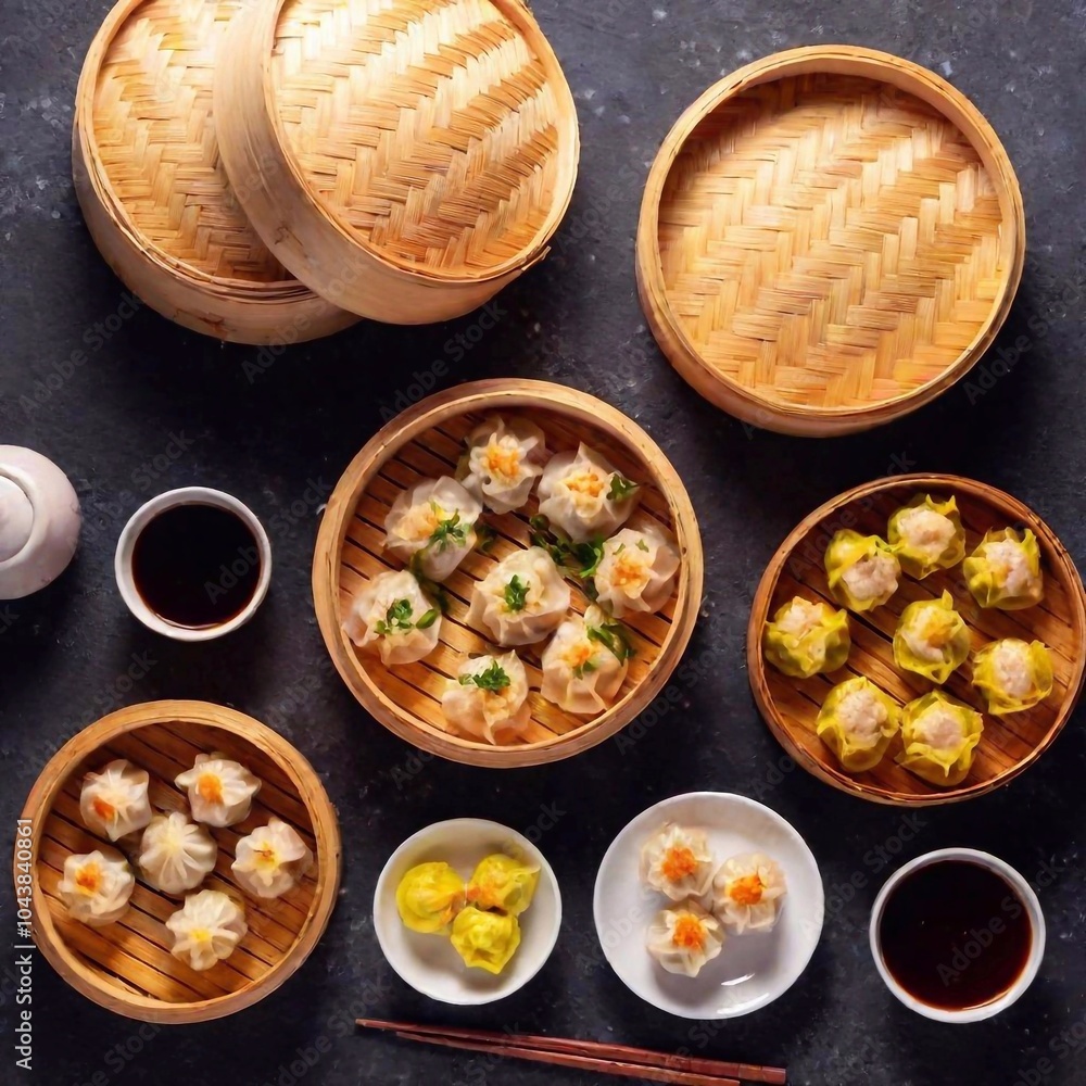 Dim Sum Feast: A colorful flatlay showcasing an assortment of dim sum ...