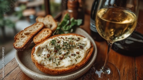 A plate with toasted bread topped with creamy cheese and herbs, served with a glass of white wine.