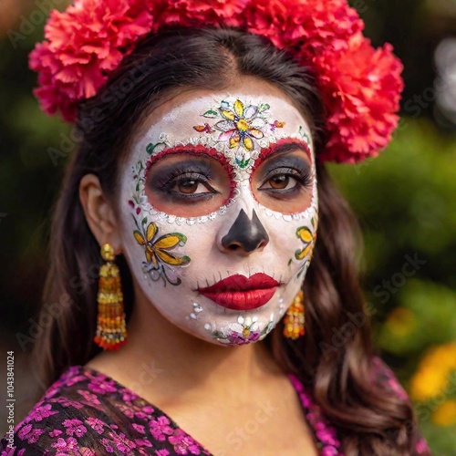 Sugar Skull Portrait, young Latina woman with intricate sugar skull face paint, featuring colorful floral designs, captured in shallow focus