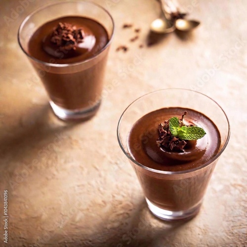 A top-down view of a chocolate mousse in a delicate glass cup, with the mousse in sharp focus and the table surface and background softly fading, capturing the smooth and creamy texture of the photo