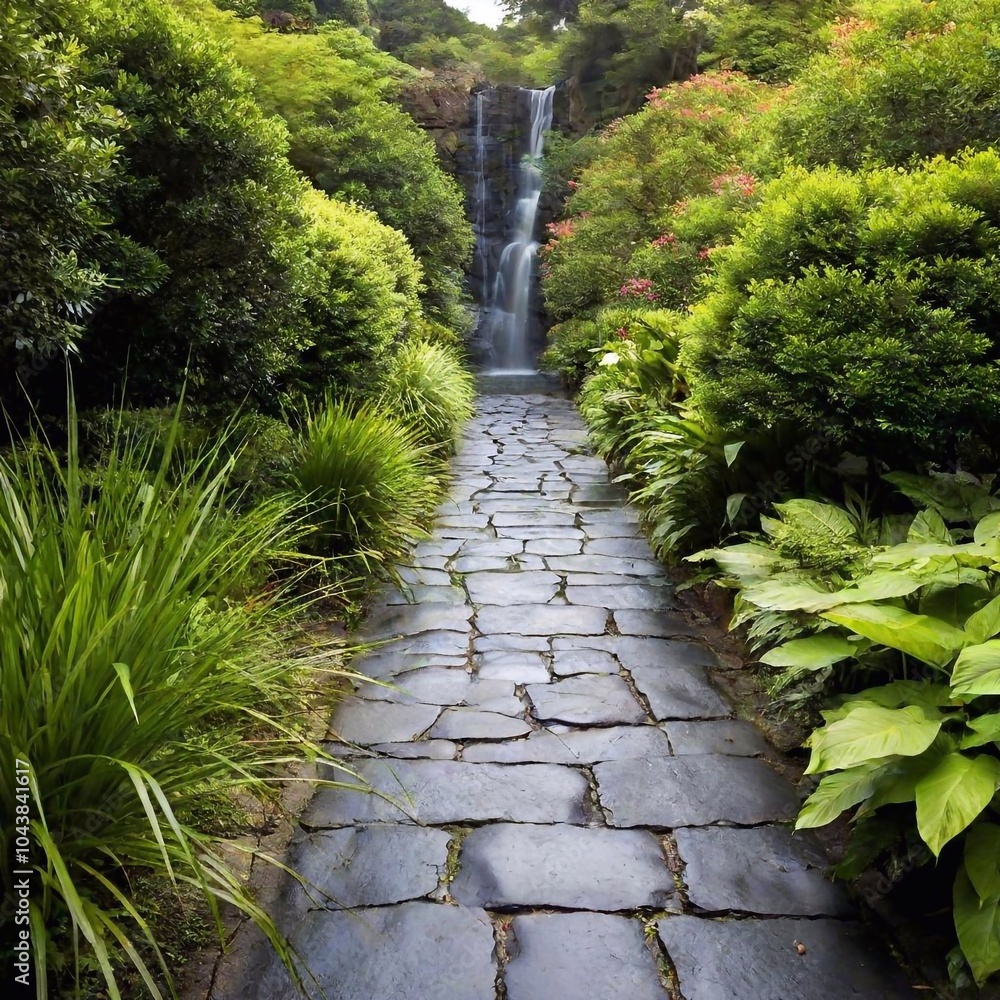 A serene garden path made of flat stones leading through a lush, green landscape, with the sound of a distant waterfall providing a calming atmosphere A serene garden path made of flat stones leading through a lush, green landscape, with the sound of a distant waterfall providing a calming atmosphere
