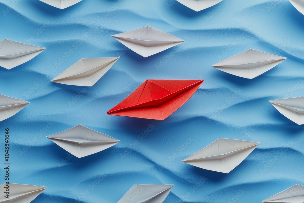 Business concept of innovative solution concept with white paper ship pointing one way and red paper ship pointing another direction. Business concept of innovative solution concept with white paper ship pointing one way and red paper ship pointing another direction.