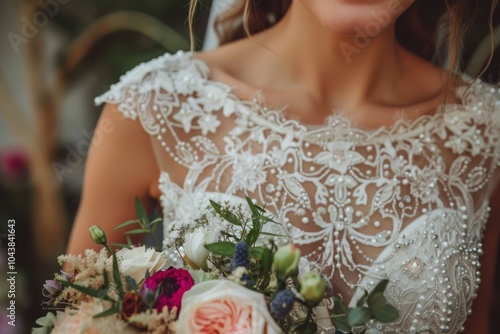 Close-up view of a bridal gown featuring soft lace details and refined craftsmanship. photo