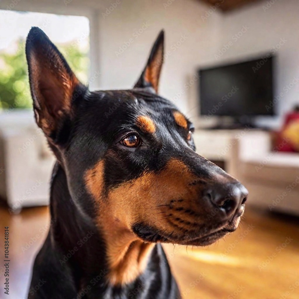Dobermann wrinkled face in full focus, with its expressive eyes and cute snout standing out, as the blurred background highlights a cozy home setting Dobermann wrinkled face in full focus, with its expressive eyes and cute snout standing out, as the blurred background highlights a cozy home setting