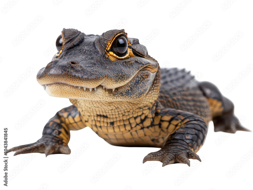 Fototapeta premium Close-up of a juvenile alligator with intricate patterns on its skin and striking eyes.