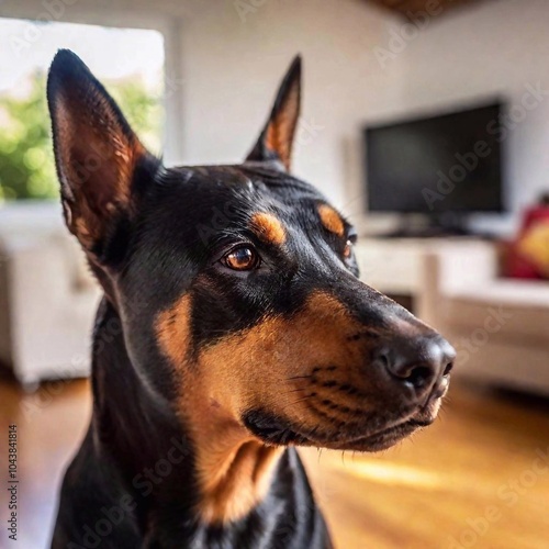 Dobermann wrinkled face in full focus, with its expressive eyes and cute snout standing out, as the blurred background highlights a cozy home setting