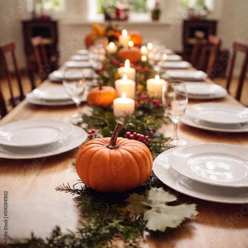 A low-angle shot of a beautifully arranged Thanksgiving dinner table setup, captured in a medium close-up with a rack focus. The photo emphasizes the height and grandeur of the centerpiece and the photo