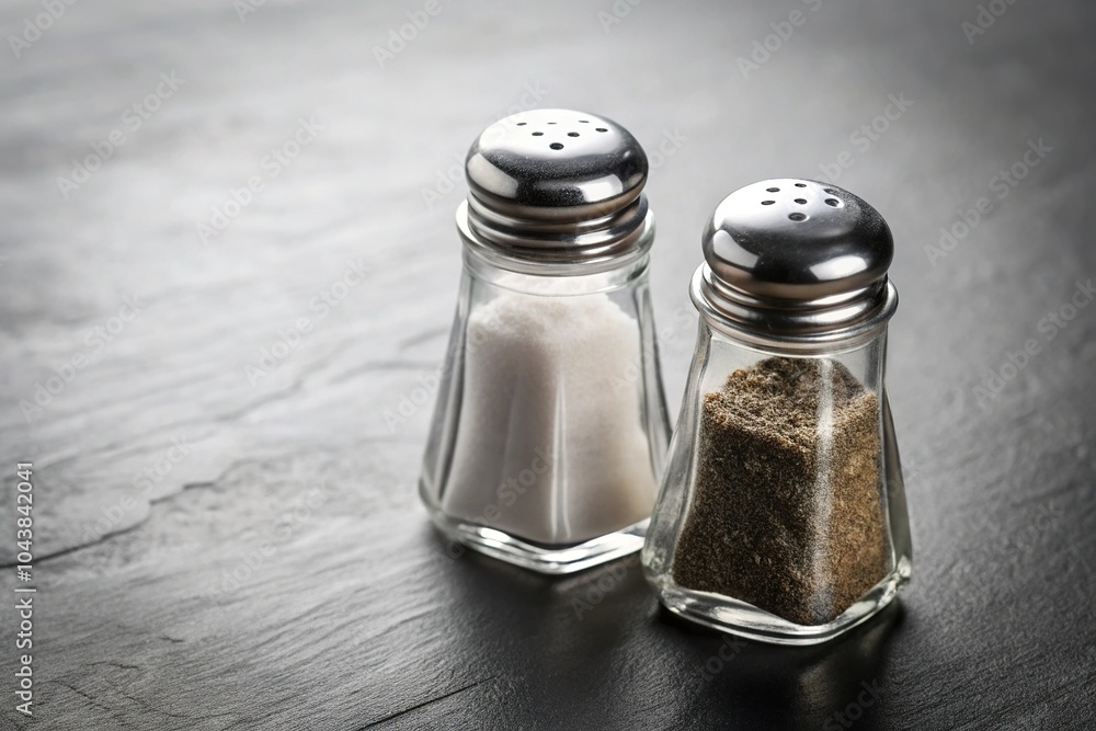 Salt and pepper shakers on a gray background macro Salt and pepper shakers on a gray background macro