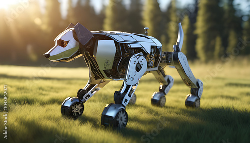 A quadruped robot running in an outdoor lawn, with sunlight casting clear shadows on the grass.