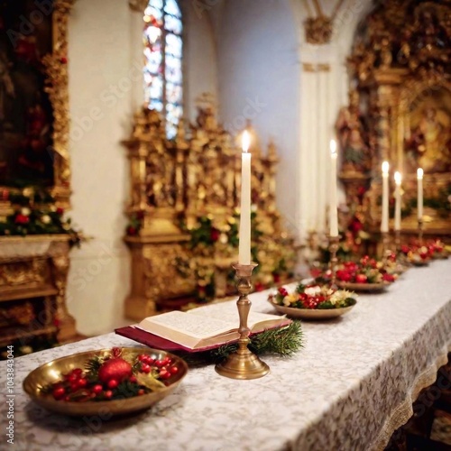 Close-up of religious text and small candle arrangements, wide view of the Christmas Eve church altar