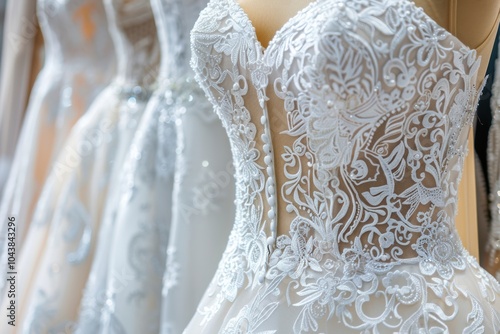 Detailed close-up of a wedding dress with romantic lace and couture design photo