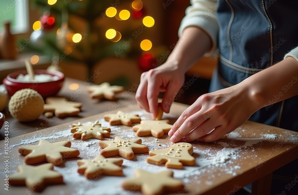 Close-up of woman's hands making cookies from New Year's molds. Against the background of a rustic kitchen. Flickering garlands against the background of the Christmas tree. Cookies in the shape of Ch Close-up of woman's hands making cookies from New Year's molds. Against the background of a rustic kitchen. Flickering garlands against the background of the Christmas tree. Cookies in the shape of Ch