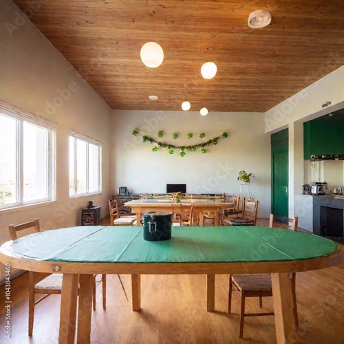 an establishing shot photo of a St. Patrick Day party venue. Show a wide-angle view of the space decorated with green elements like tablecloths, centerpieces, and banners, emphasizing the festive photo