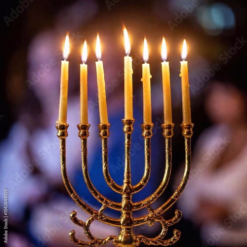 A macro photo capturing the moment when the menorah is fully lit, with deep focus on the multiracial female and male adults expressions, eye level shot emphasizing the significance of the Hanukkah photo