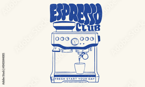 Espresso club t shirt artwork. Sunday coffee time vector design. Coffee club artwork for apparel, sticker, batch, background, poster and others. Fresh start your day. Coffee makes everything better.