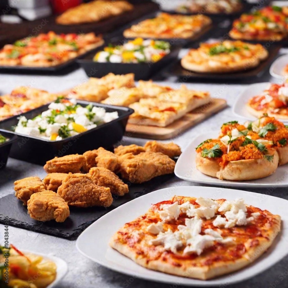 an extreme long shot of a colorful junk food buffet. Capture the extensive array of items including pizza, fried chicken, nachos, and candy, with a wide view showcasing the variety and abundance of an extreme long shot of a colorful junk food buffet. Capture the extensive array of items including pizza, fried chicken, nachos, and candy, with a wide view showcasing the variety and abundance of