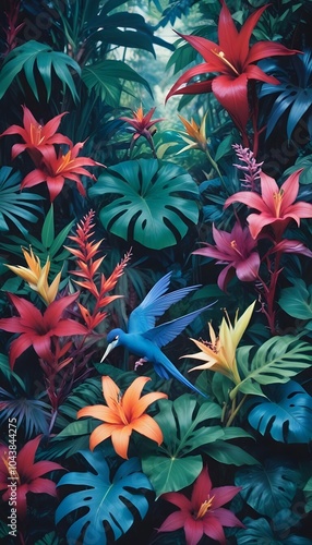 Tropical exotic pattern with animal and flowers in bright colors and lush vegetation