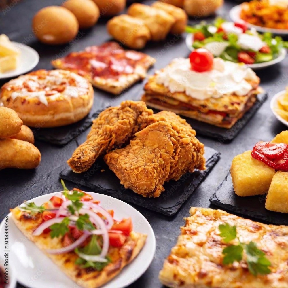 an extreme long shot of a colorful junk food buffet. Capture the extensive array of items including pizza, fried chicken, nachos, and candy, with a wide view showcasing the variety and abundance of an extreme long shot of a colorful junk food buffet. Capture the extensive array of items including pizza, fried chicken, nachos, and candy, with a wide view showcasing the variety and abundance of