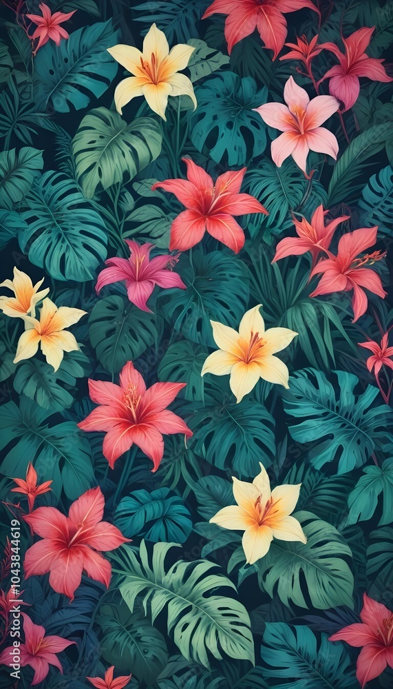 Tropical exotic pattern with animal and flowers in bright colors and lush vegetation Tropical exotic pattern with animal and flowers in bright colors and lush vegetation