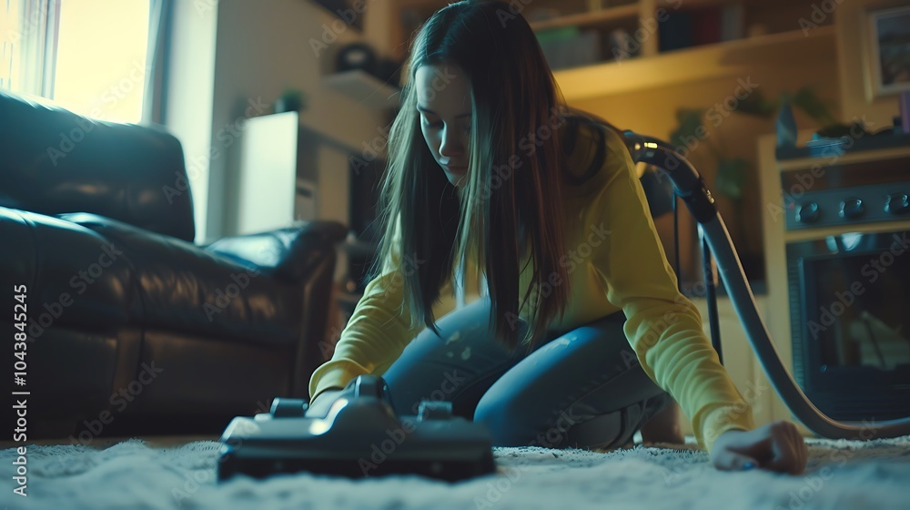 Obraz premium Young woman vacuuming floor