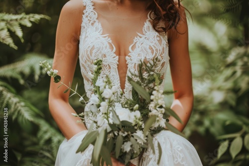 Delicate lace and fabric details of a wedding dress in a close-up view photo