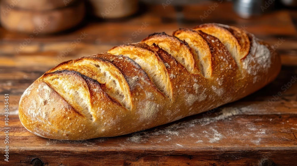 freshly baked baguette resting on a rustic wooden table its golden crust showcasing the craftsmanship of traditional baking methods freshly baked baguette resting on a rustic wooden table its golden crust showcasing the craftsmanship of traditional baking methods