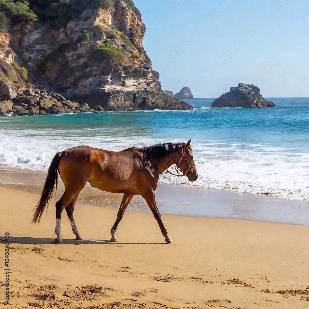 A full shot photo of a horse walking along a sandy beach, soft focus blending the ocean waves and distant cliffs into a soft background, high angle shot that captures the entire horse from above, its A full shot photo of a horse walking along a sandy beach, soft focus blending the ocean waves and distant cliffs into a soft background, high angle shot that captures the entire horse from above, its