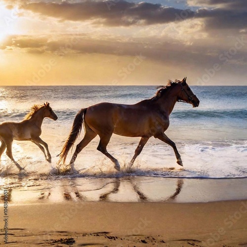 "A thrilling horse race on a beach, with horses splashing through shallow water as they sprint along the shoreline. The ocean waves crash in the background, and the setting sun casts a golden glow