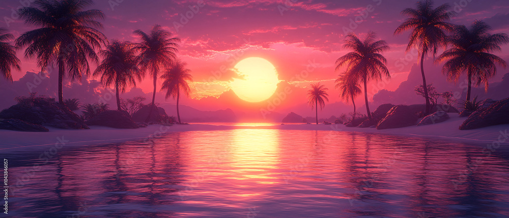 Tropical Sunset on a Pristine Beach with Palm Trees Tropical Sunset on a Pristine Beach with Palm Trees
