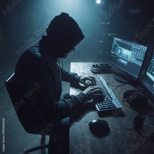 A top-down extreme wide shot of a hacker typing on a keyboard in a dimly lit basement, with the hacker setup in sharp focus and the surrounding shadows and equipment softly blurred, emphasizing the photo