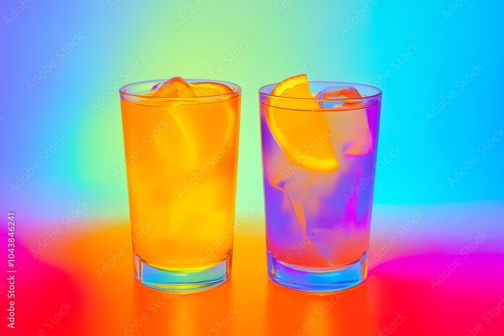 Two Glasses of Refreshing Summer Drinks with Orange Slices and Ice on a Colorful Gradient Background. Two Glasses of Refreshing Summer Drinks with Orange Slices and Ice on a Colorful Gradient Background.