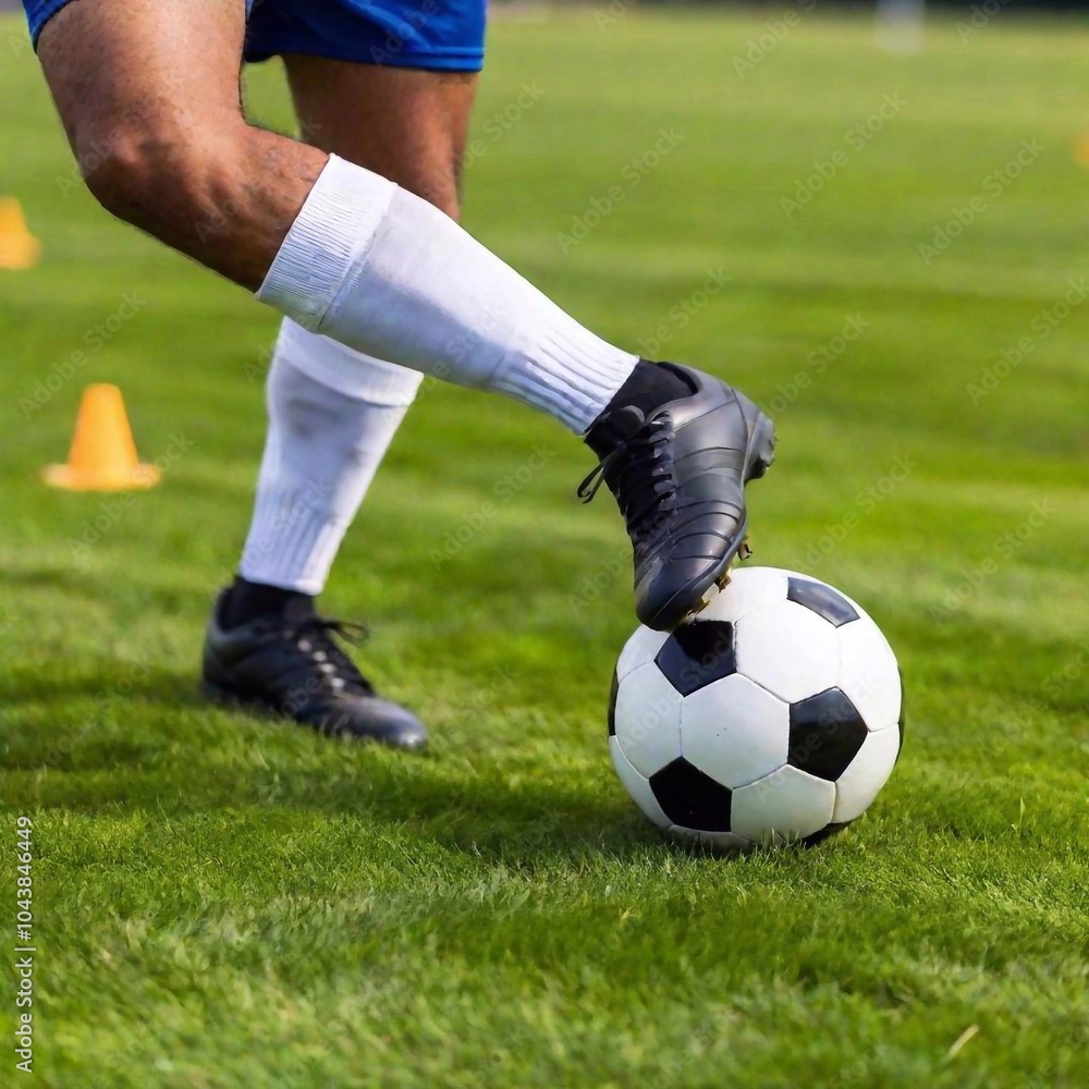 Macro shot of a soccer player's foot as it makes contact with the ball during a powerful kick, with the focus racking from the cleat to the ball. The Dutch angle adds energy to the moment Macro shot of a soccer player's foot as it makes contact with the ball during a powerful kick, with the focus racking from the cleat to the ball. The Dutch angle adds energy to the moment