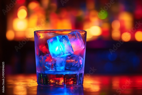 Glass with Ice Cubes on a Bar Counter with Colorful Blurred Lights in the Background.