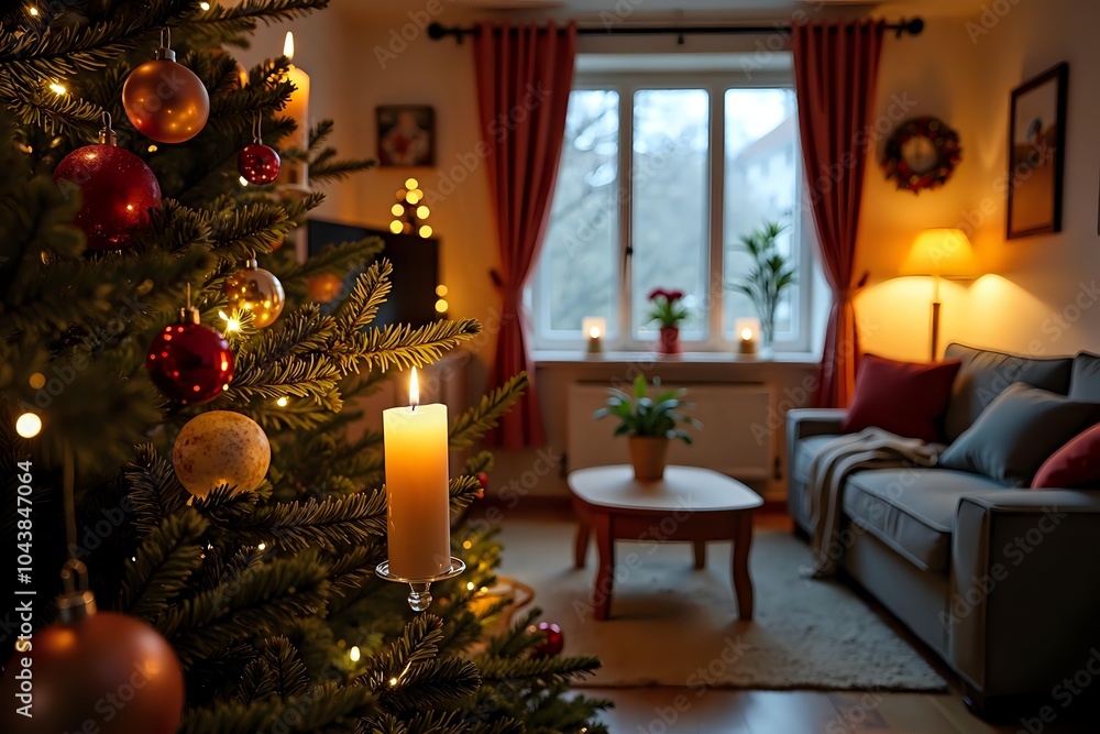 Christmas tree decorated with candles in a cozy German living room, warm festive atmosphere, holiday decorations and lights, blurred background, copy space to the right Christmas tree decorated with candles in a cozy German living room, warm festive atmosphere, holiday decorations and lights, blurred background, copy space to the right