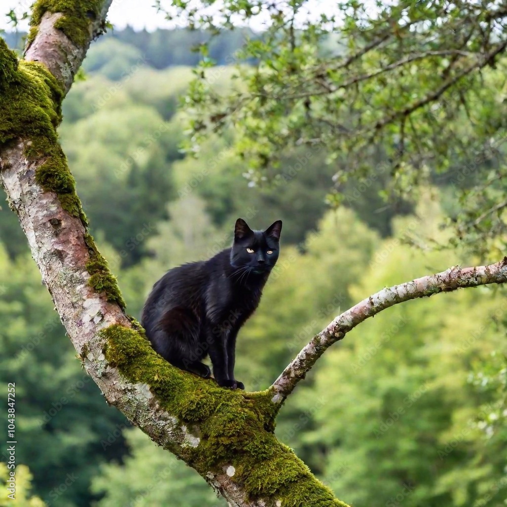 black cat perched on a tree branch high above a serene woodland, with a panoramic view of the forest stretching out below, showcasing its commanding presence in the wild black cat perched on a tree branch high above a serene woodland, with a panoramic view of the forest stretching out below, showcasing its commanding presence in the wild