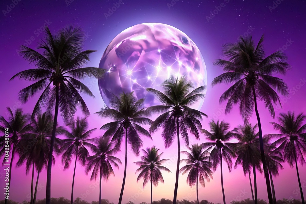 Obraz premium Purple background with palm trees and full moon